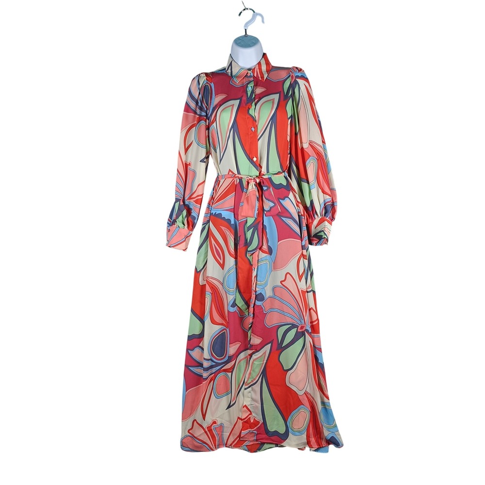 Target Alexis Maxi Dress XXS Orange Blue Abstract Floral Belted Long Sleeve